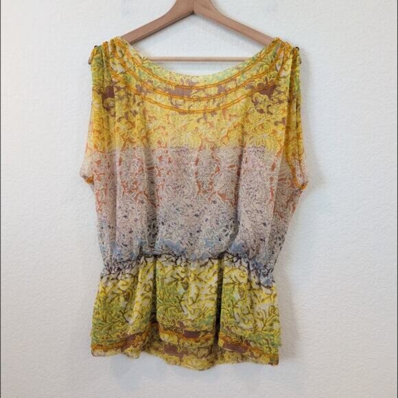 Diane von Furstenberg Silk Beaded Blouse Yellow Multi Top Womens 10 Boho Dreamy - Picture 6 of 8